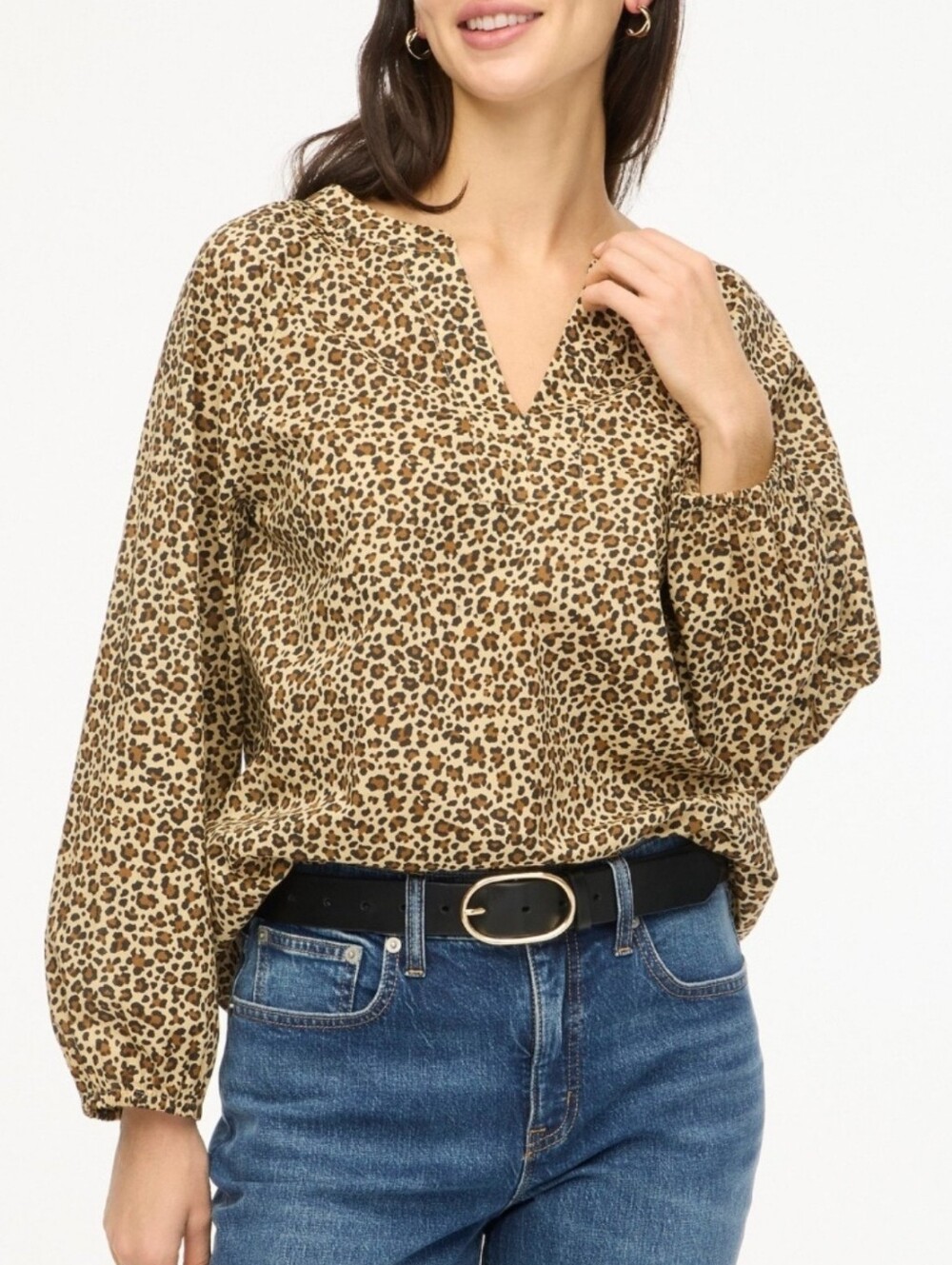 J. Crew XS Leopard Split-Neck Cotton Popover Blouse 2485-M